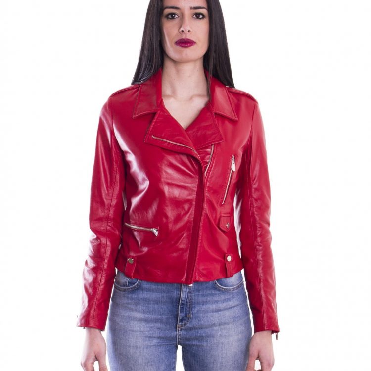 Red Color Lamb Leather Biker Jacket Smooth Effect