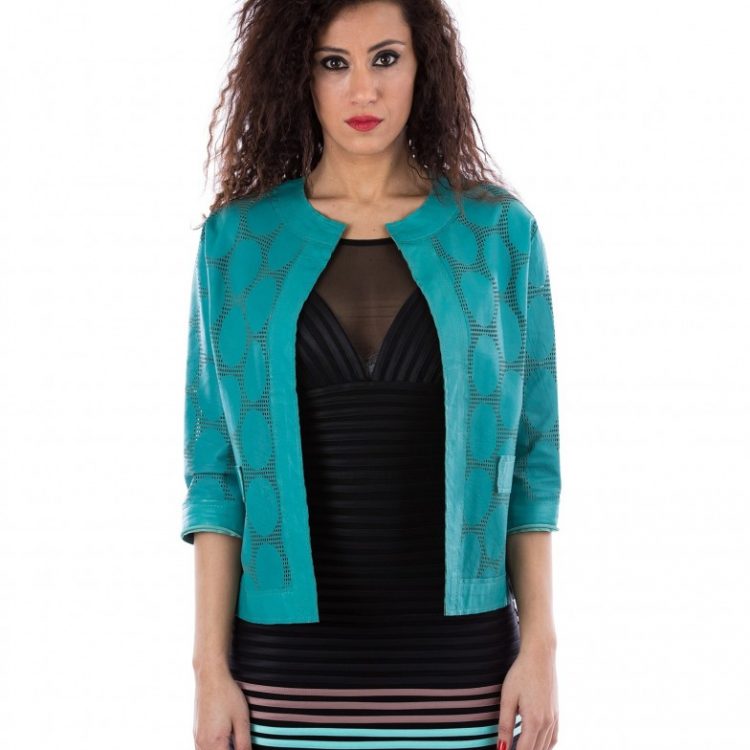 Green Color Nappa Lamb Perforated Leather Smooth Effect