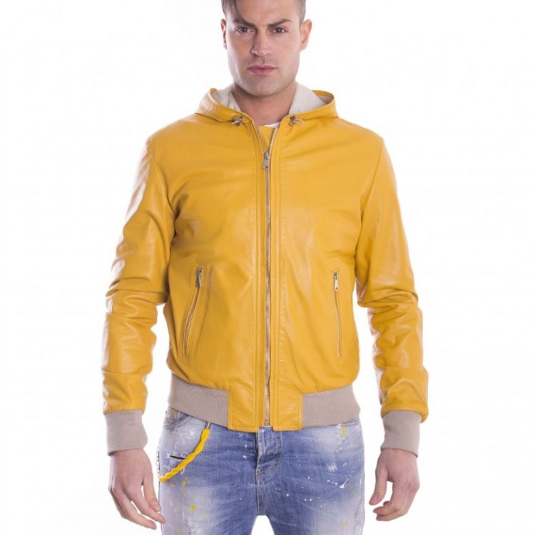 Yellow Lamb Leather Hooded Bomber Jacket