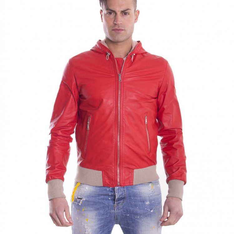 Red Lamb Leather Hooded Bomber Jacket