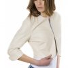 Beige Color Lamb Leather Round Neck Short Jacket