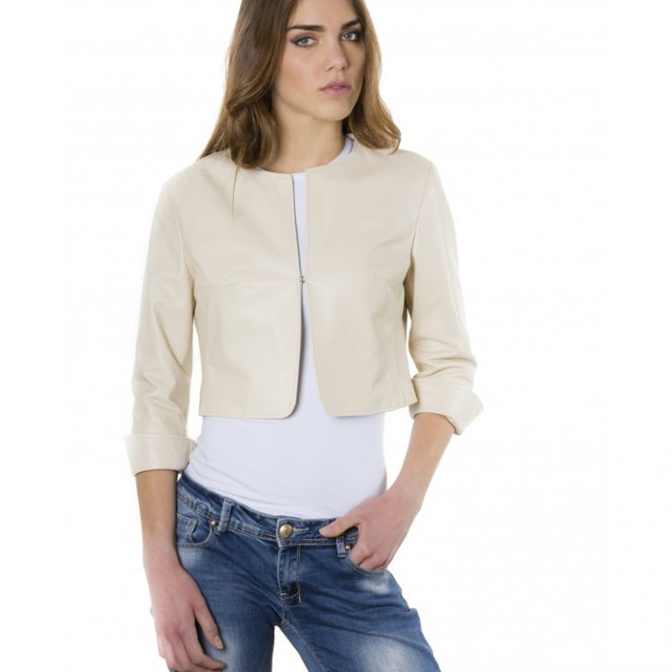 Beige Color Lamb Leather Round Neck Short Jacket