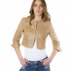 Brown Color Lamb Leather Round Neck Short Jacket