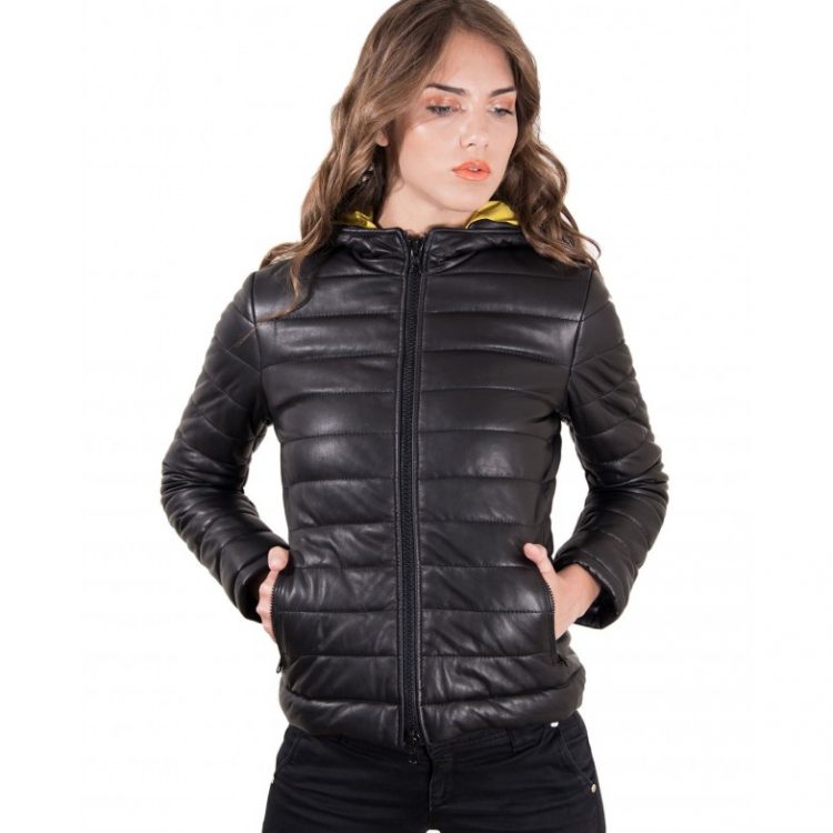 Black Color Nappa Lamb Leather Down Jacket Smooth Effect