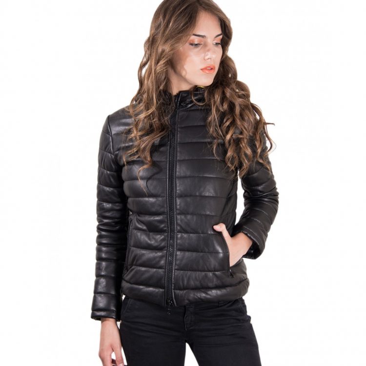 Black Color Nappa Lamb Leather Down Jacket Smooth Effect